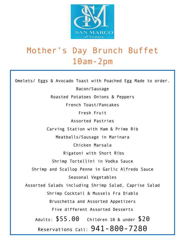 Mother's Day Brunch menu at San Marco Venice