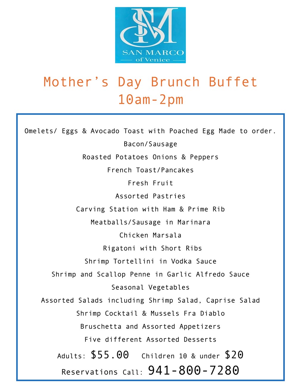 Mother's Day Brunch menu at San Marco Venice