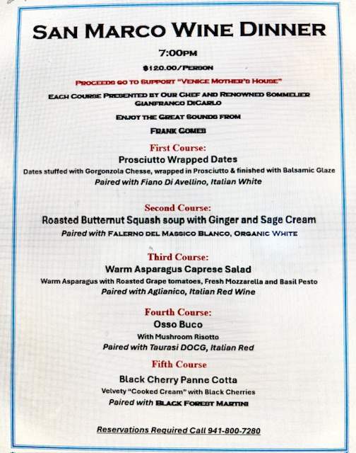 San Marco Venice Wine Dinner Four Course Menu.